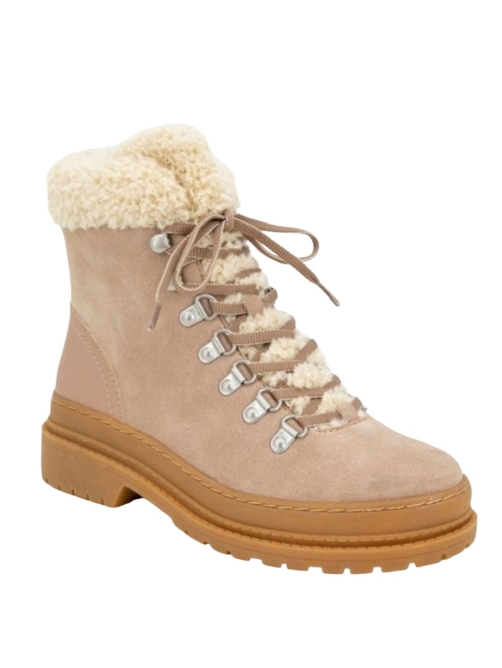 NEW! SPLENDID Yvonne Lace Up Tan/Blush Suede Sherpa Hiking Boots.
